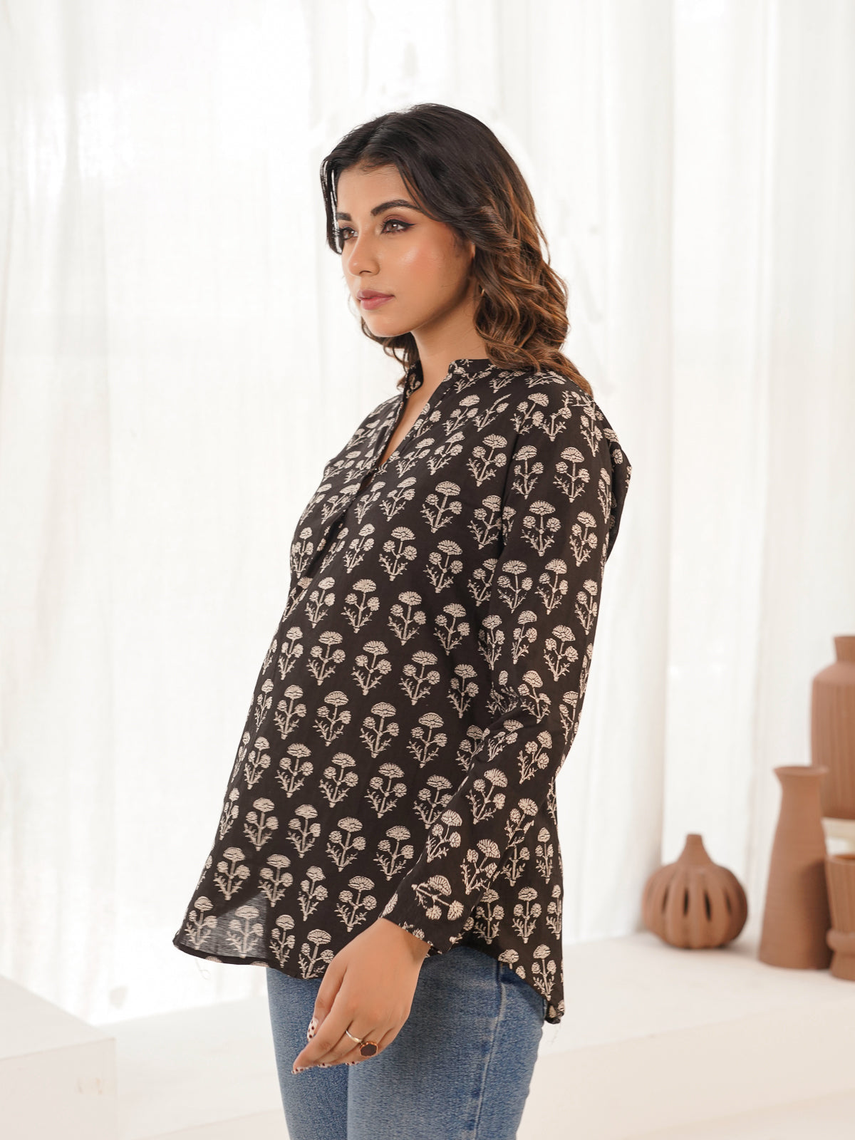 Cotton Printed Top For Women Black