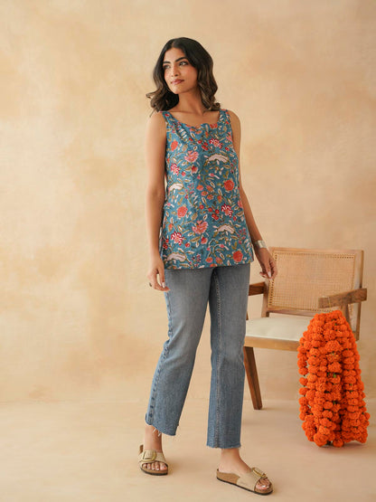 Cotton Printed Stylish Backless Tie-Up Kurti Blue Jaal