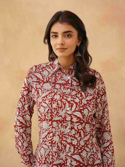 Block Printed Cotton Meher Shirt Red Jaal