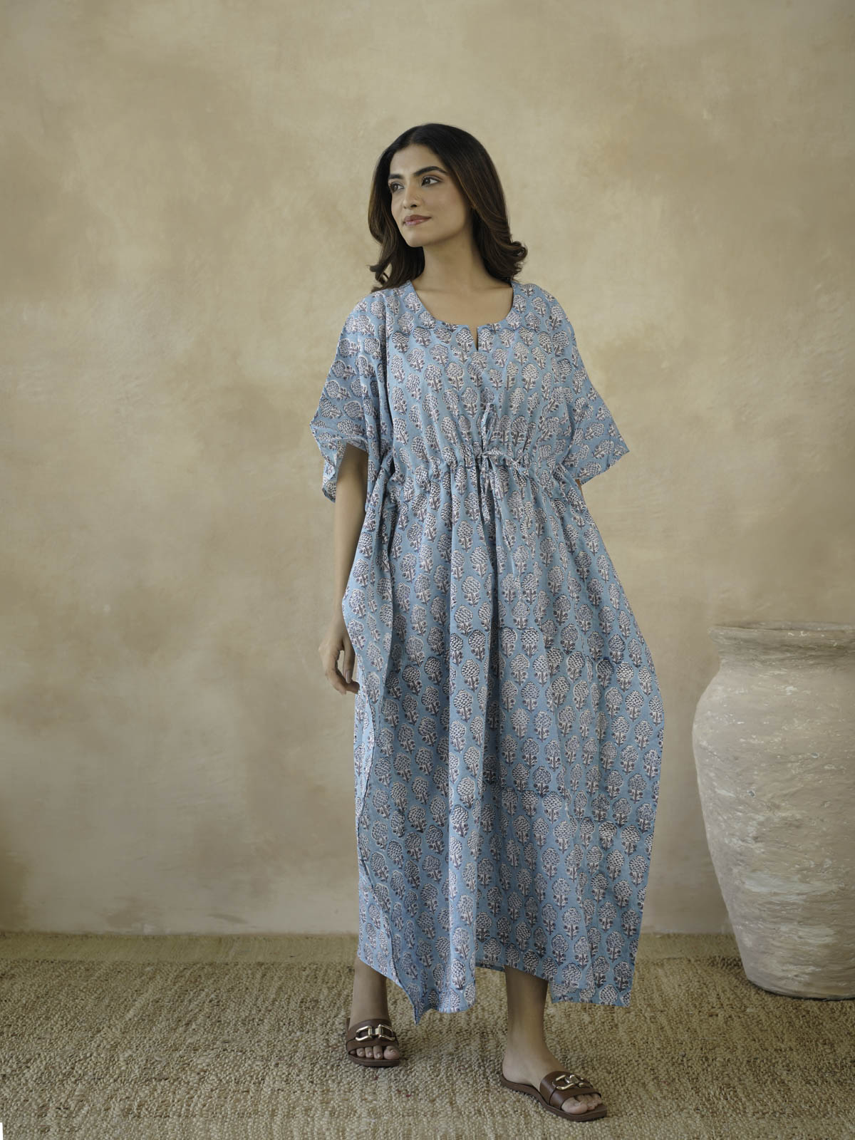 Block-Printed Cotton Long Kaftan Blue Booty