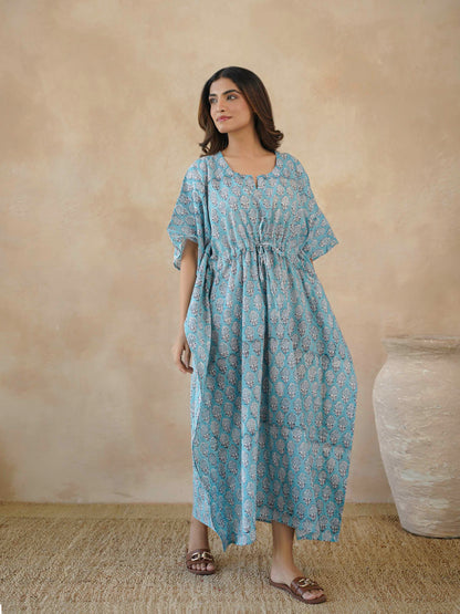 Block-Printed Cotton Long Kaftan Blue Booty