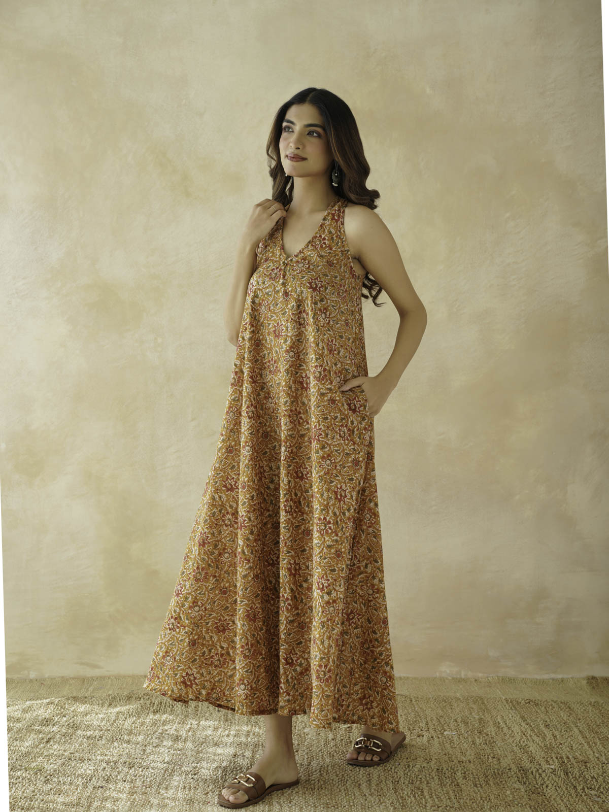 Cotton Printed Aline Moana Dress Mustard