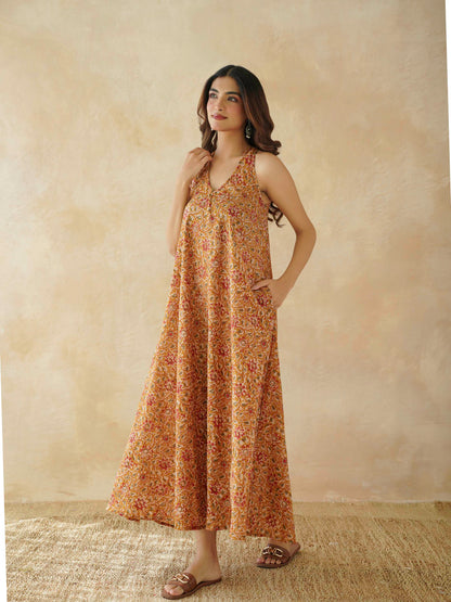 Cotton Printed Aline Moana Dress Mustard