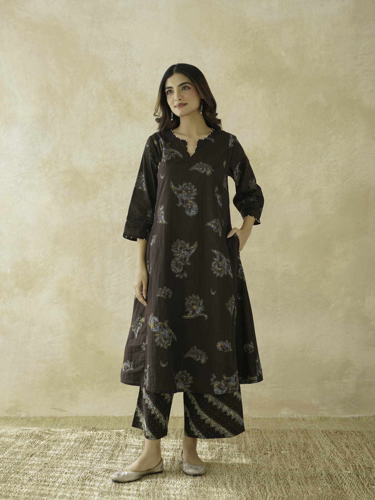 Cotton Printed Aline Geet Kurta Set For Women Choco Brown