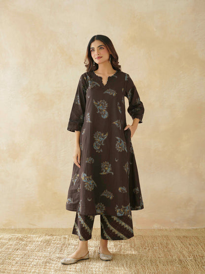 Cotton Printed Aline Geet Kurta Set For Women Choco Brown