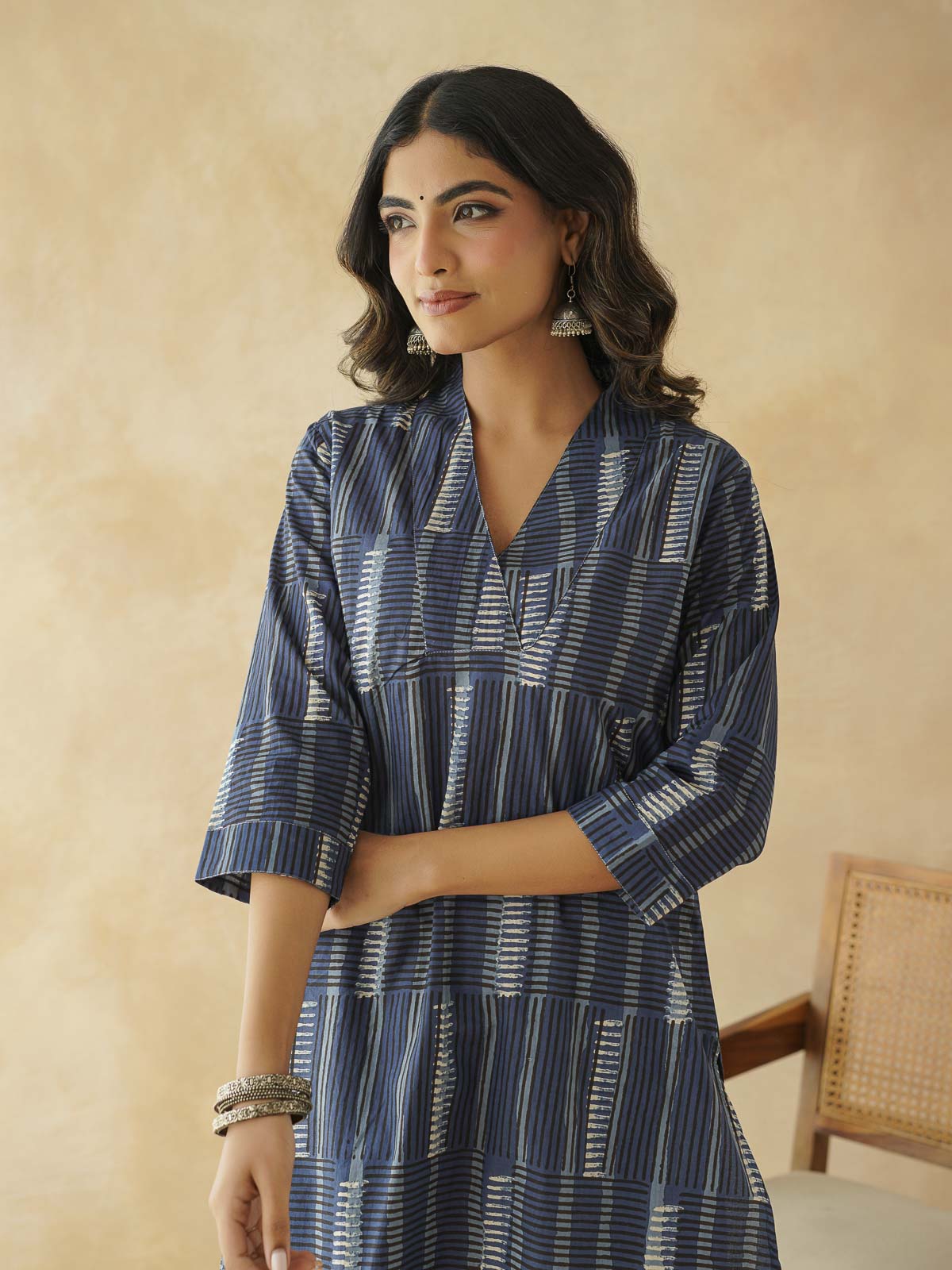 Cotton Printed Straight Kurta Indigo Strp