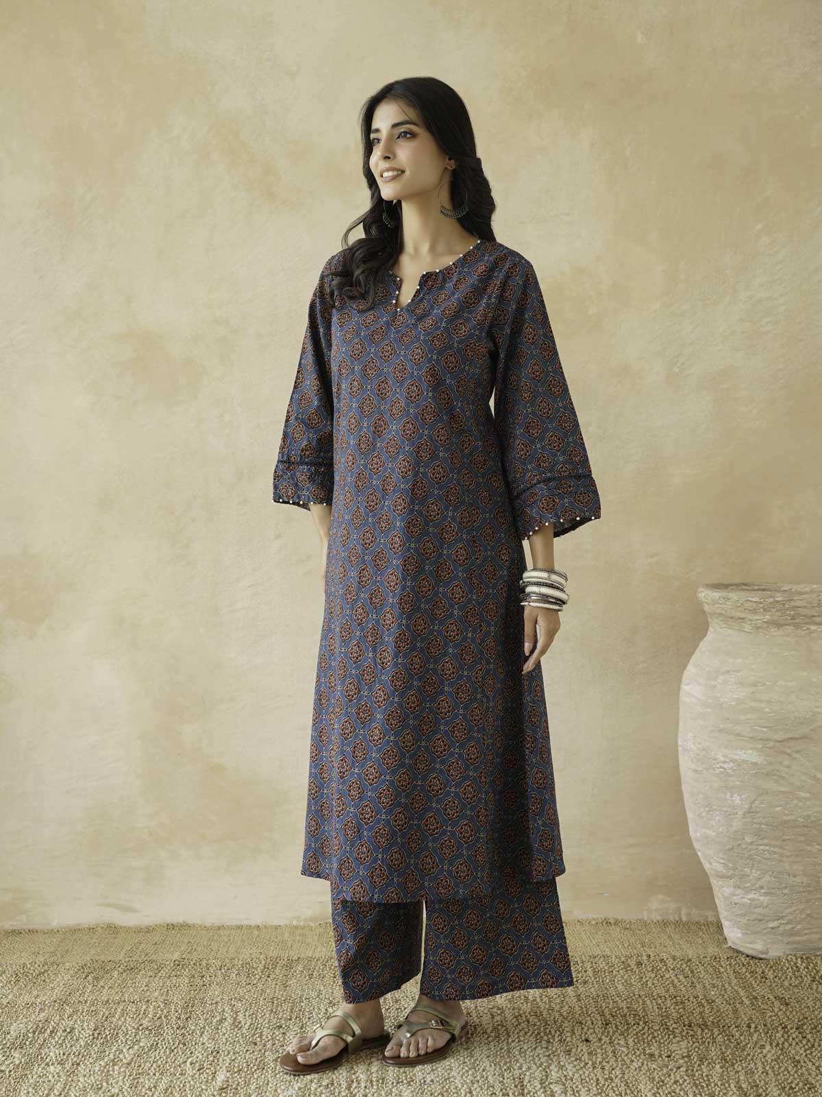 Cotton Printed Aline Kurta Set For Women Blue