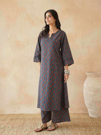 Cotton Printed Aline Kurta Set For Women Blue