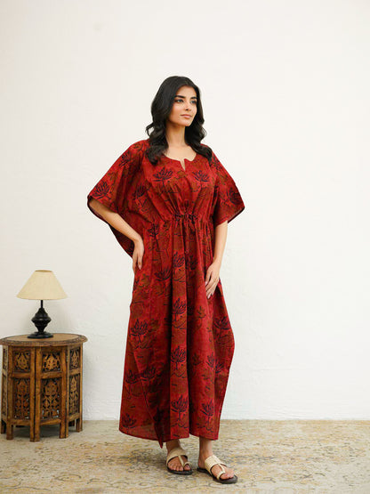Block-Printed Cotton Long Kaftan Red