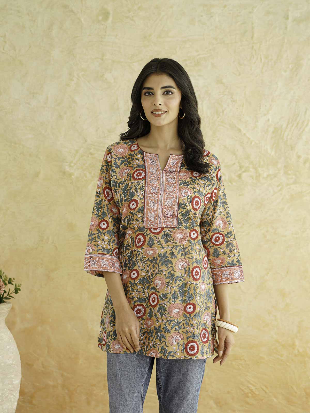 Cotton Printed Sequin Short Kurti For Women Brown