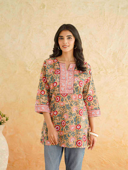 Cotton Printed Sequin Short Kurti For Women Brown