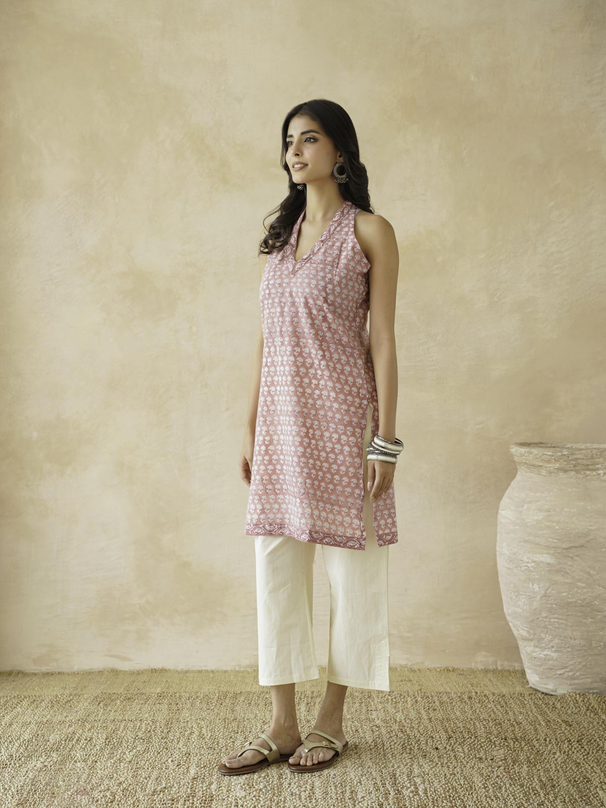 Sleeveless Cotton Halter Neck Kurti Dusty Pink