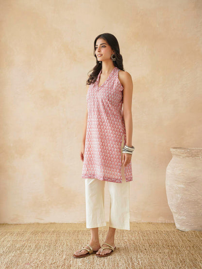 Sleeveless Cotton Halter Neck Kurti Dusty Pink