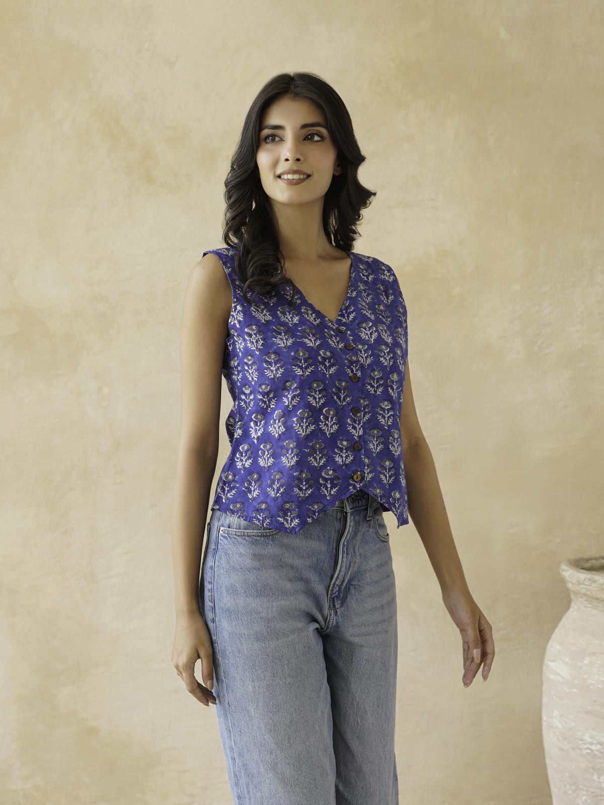 Sleeveless Cotton Block Printed Kothi Top Royal Blue
