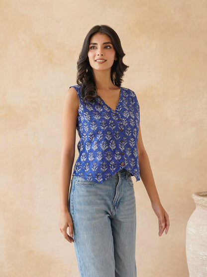 Sleeveless Cotton Block Printed Kothi Top Royal Blue