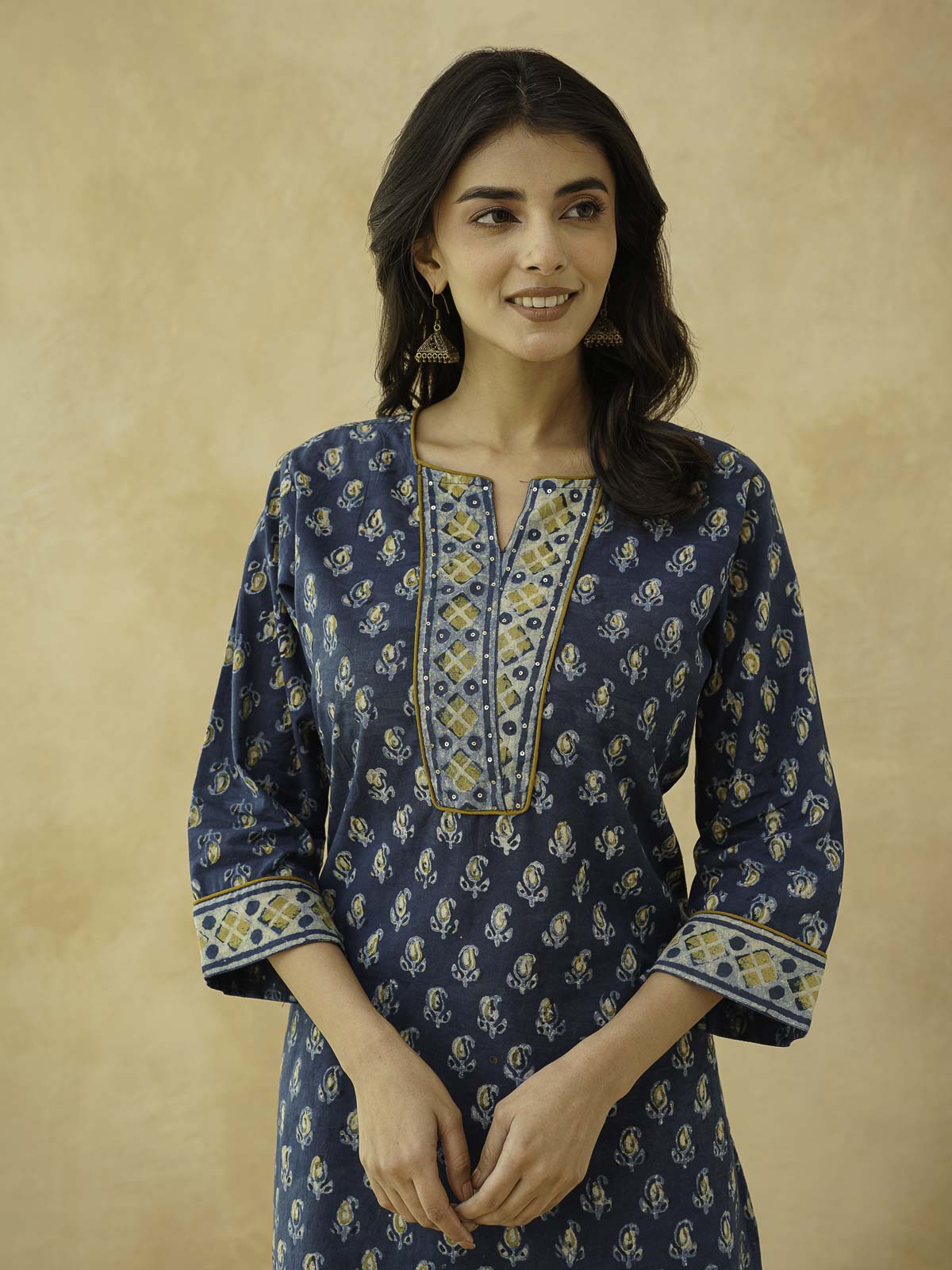 Cotton Printed Sequin Short Kurti For Women Indigo