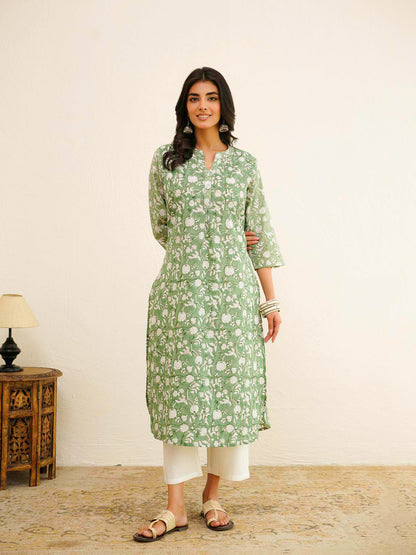 Cotton Pleat Kurta For Women Green