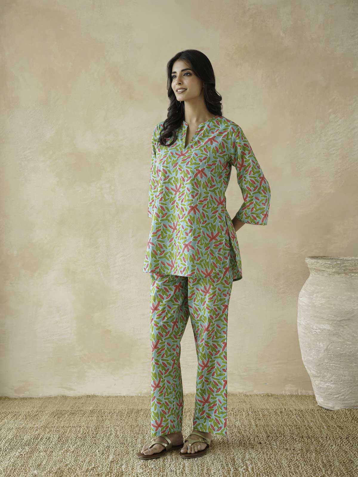 Cotton Printed Lounge Wear Coord Set Green Patti