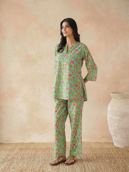 Cotton Printed Lounge Wear Coord Set Green Patti