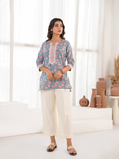 Block-Printed Cotton Zoya Kurti Grey Booty