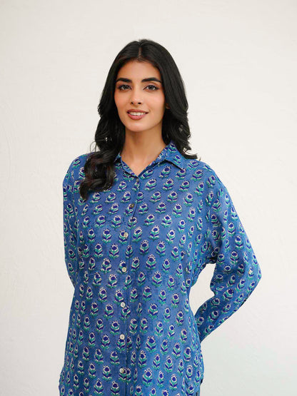 Block Printed Cotton Meher Shirt Blue Booty