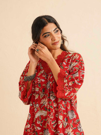 Block Printed Cotton Kurta Pant Bagiya Set Red Jaal