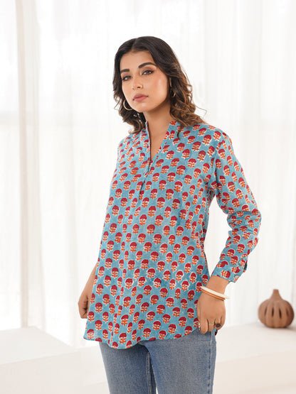 Cotton Printed Top For Women Turquoise