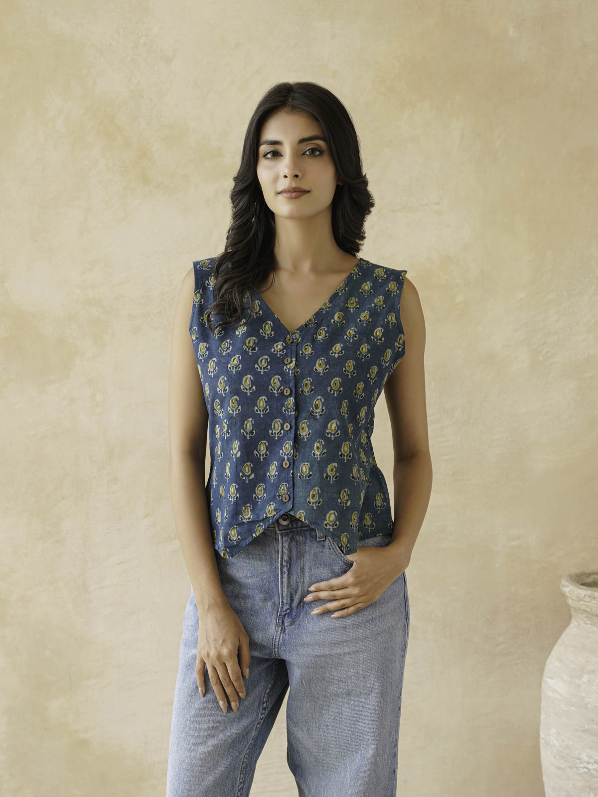 Sleeveless Cotton Block Printed Kothi Top Indigo Booty