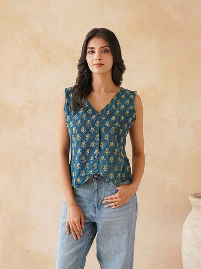 Sleeveless Cotton Block Printed Kothi Top Indigo Booty