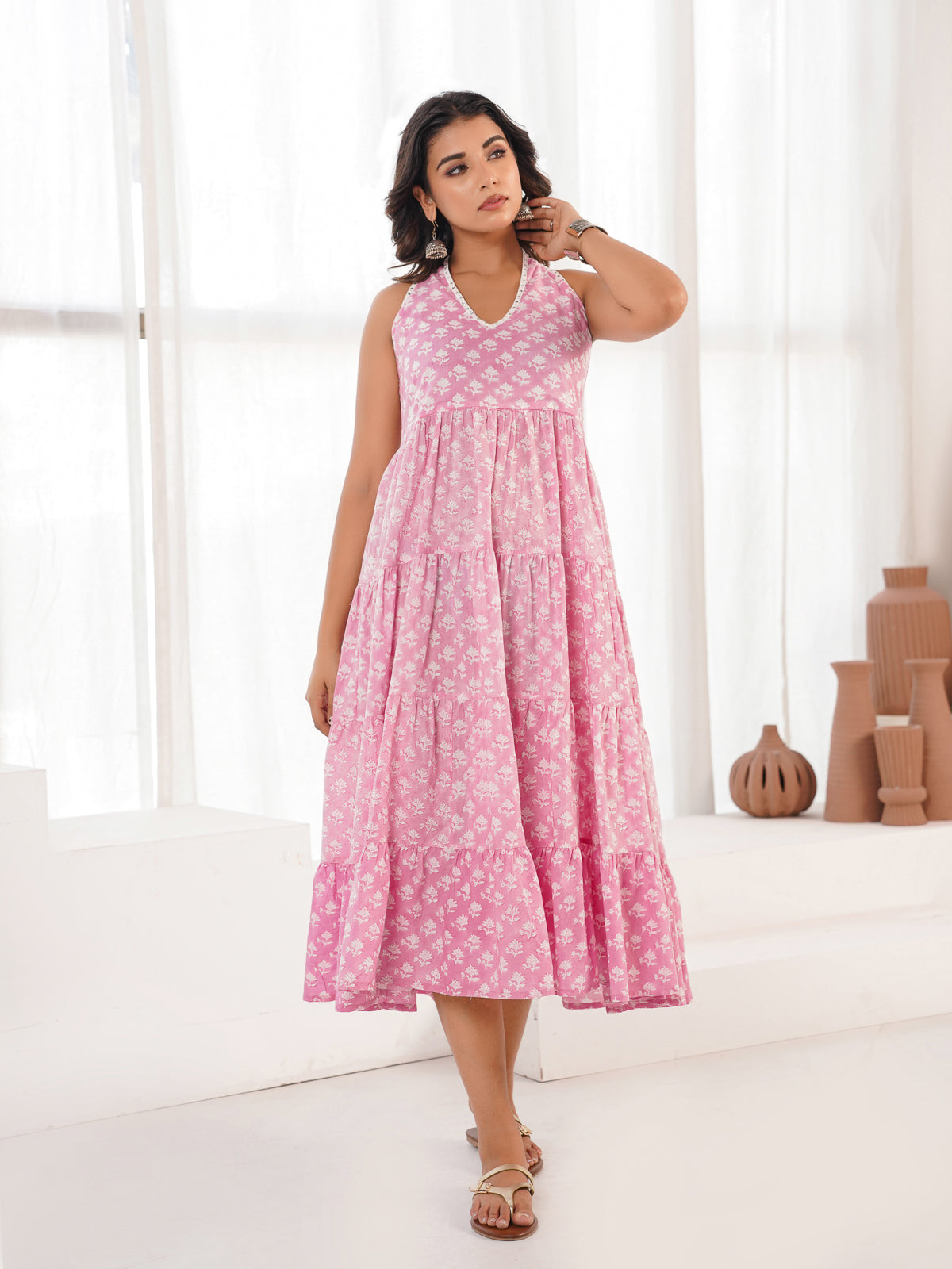 Tiered Halter Neck Dress Pink Booty