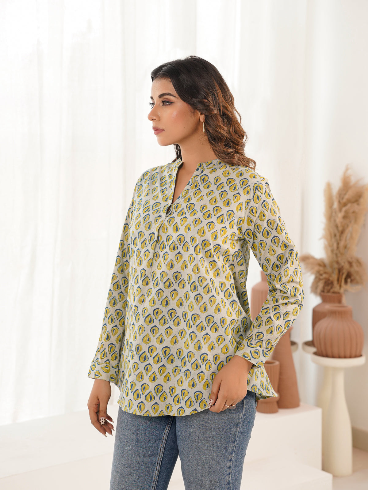 Cotton Printed Top For Women Yellow Leaf