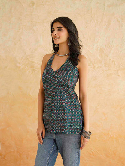 Cotton Printed Stylish Halter Tie-Up Kurti Green Booty