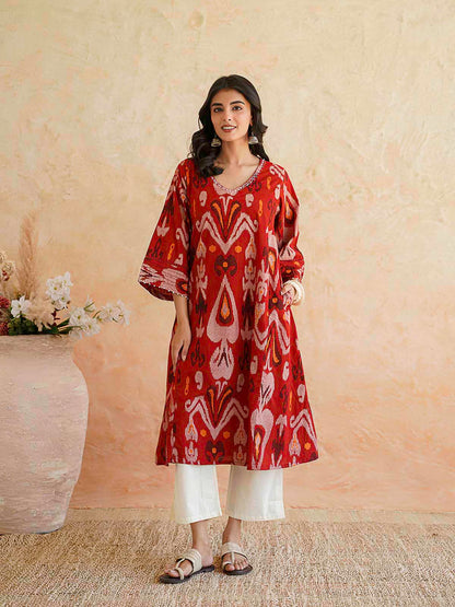 Cotton Printed Ultimate Aline Kurta For Women Cherry Red