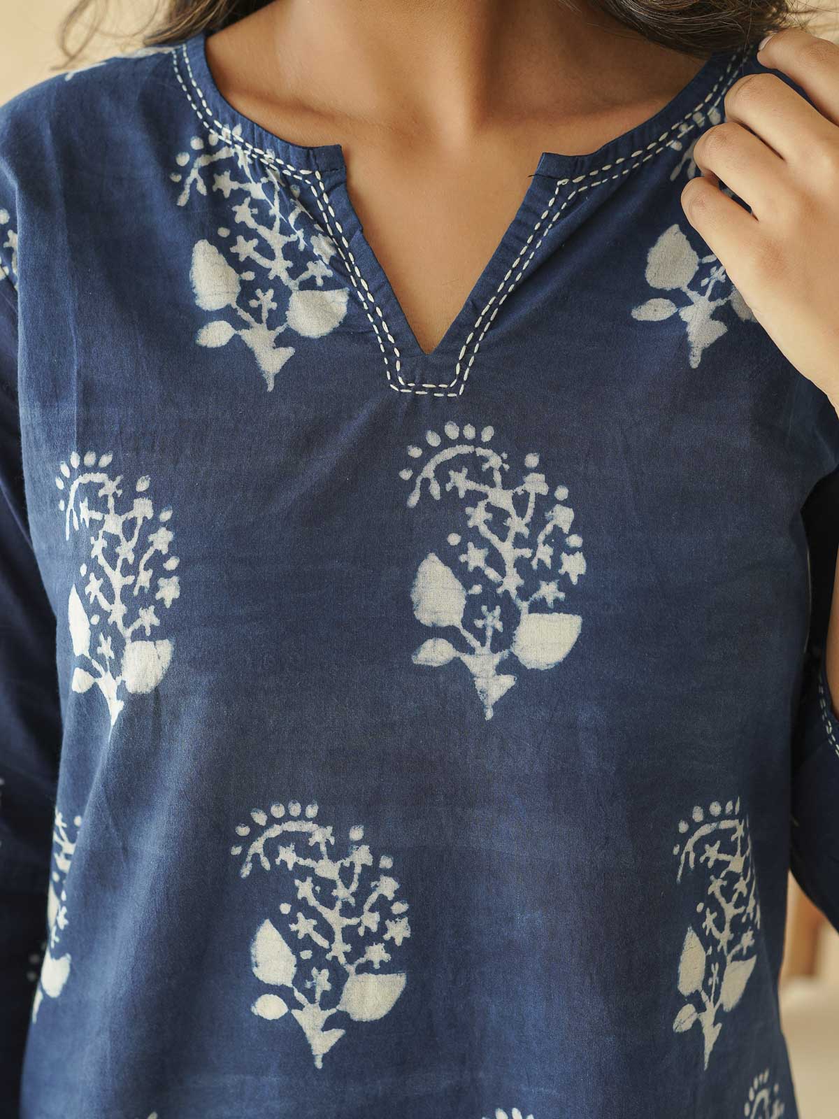 Cotton Printed Kantha Kurta Indigo