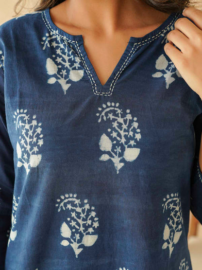 Cotton Printed Kantha Kurta Indigo