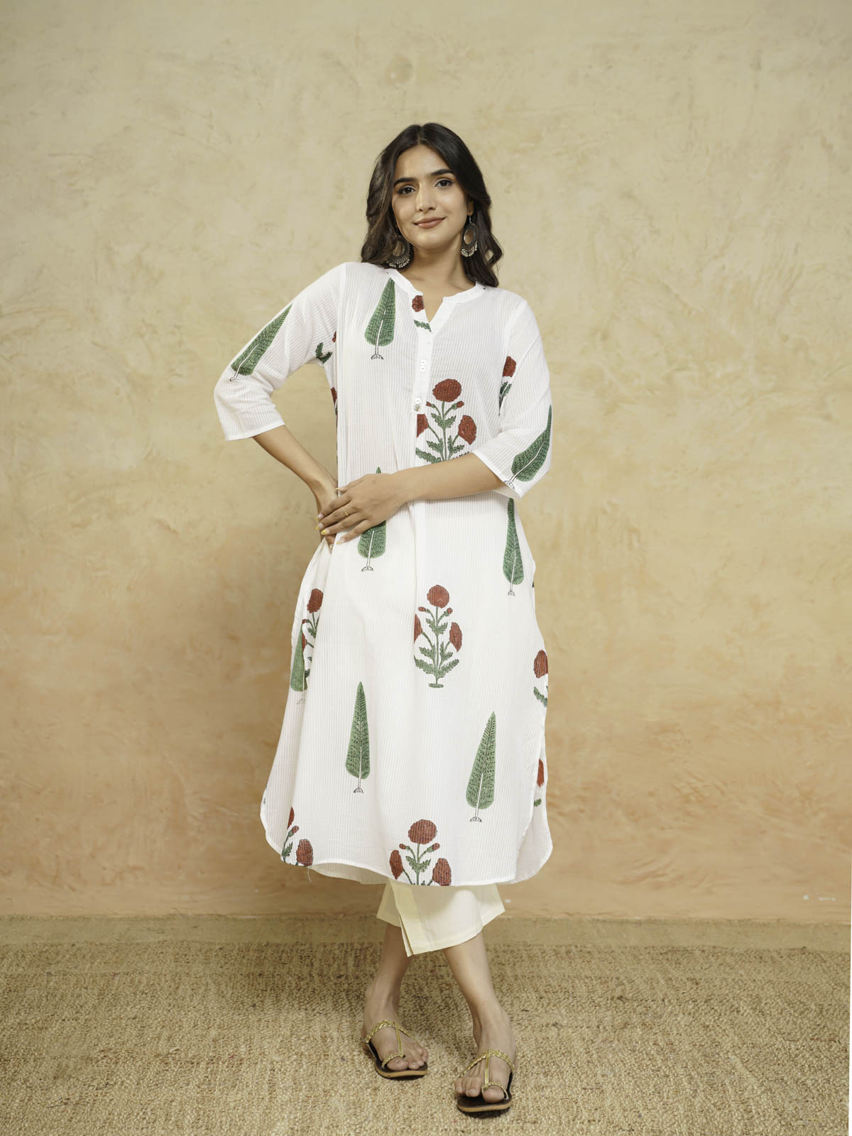 Cotton Pleat Kurta For Women White Patti