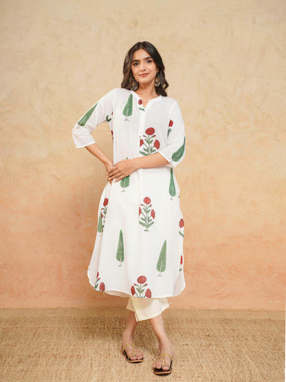 Cotton Pleat Kurta For Women White Patti