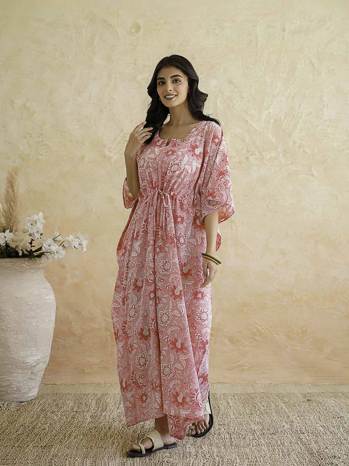 Block-Printed Cotton Long Kaftan Pink Jaal