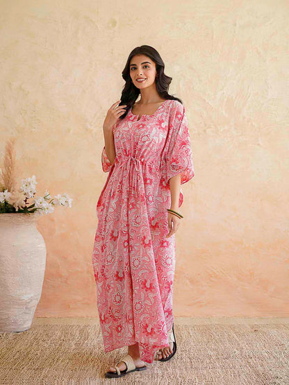Block-Printed Cotton Long Kaftan Pink Jaal