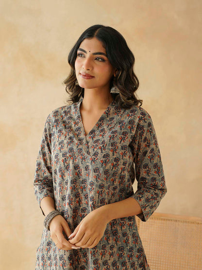 Cotton Printed Straight Kurta Indigo Flawer