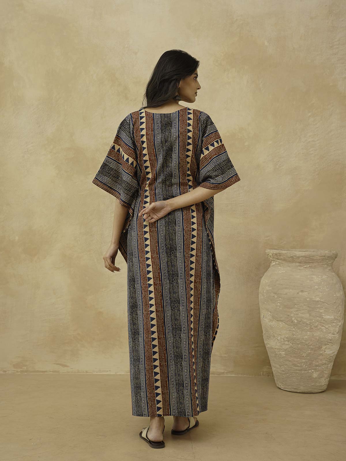 Block-Printed Cotton Long Kaftan Multicolor