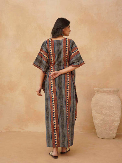 Block-Printed Cotton Long Kaftan Multicolor