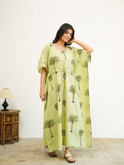 Block-Printed Cotton Long Kaftan Green Tree