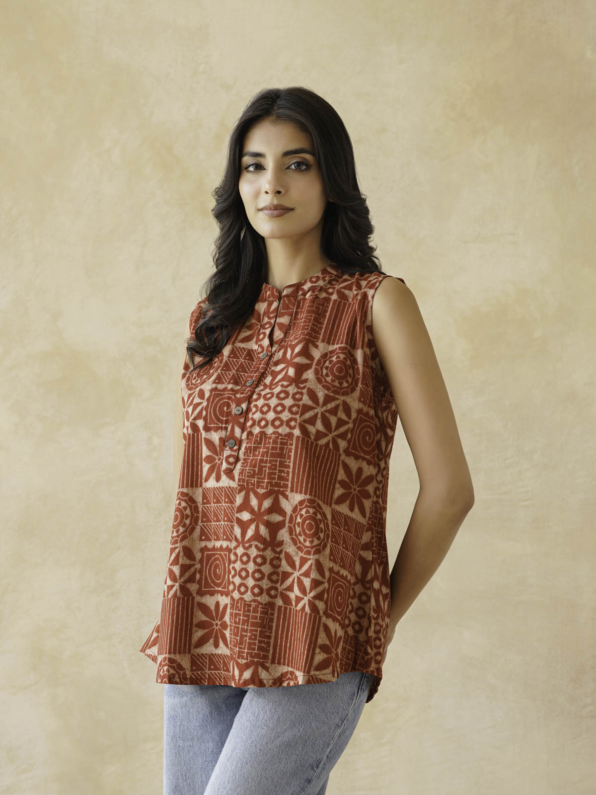 Cotton Printed Sleeveless Tunic Top For Women Red