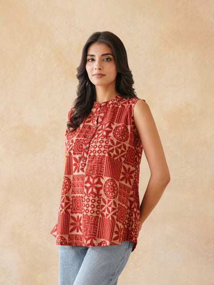 Cotton Printed Sleeveless Tunic Top For Women Red