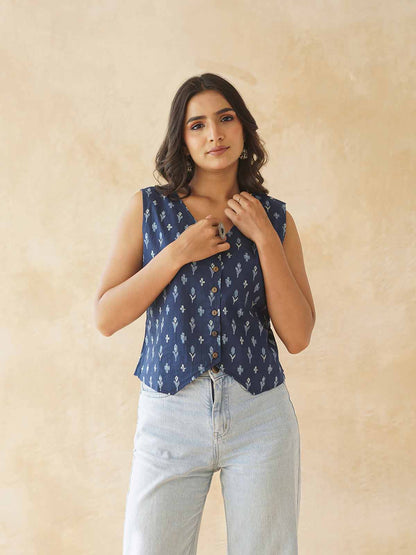 Sleeveless Cotton Block Printed Kothi Top Blue Booty