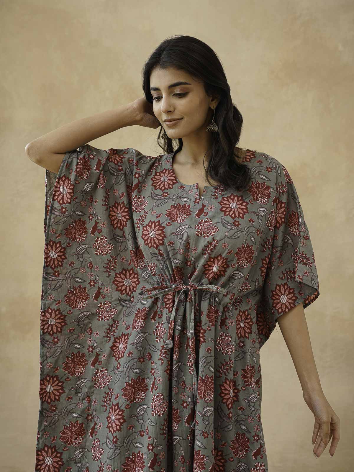 Block-Printed Cotton Long Kaftan Grey