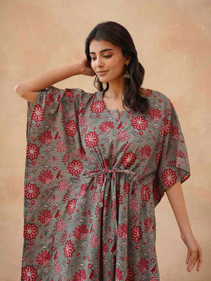 Block-Printed Cotton Long Kaftan Grey