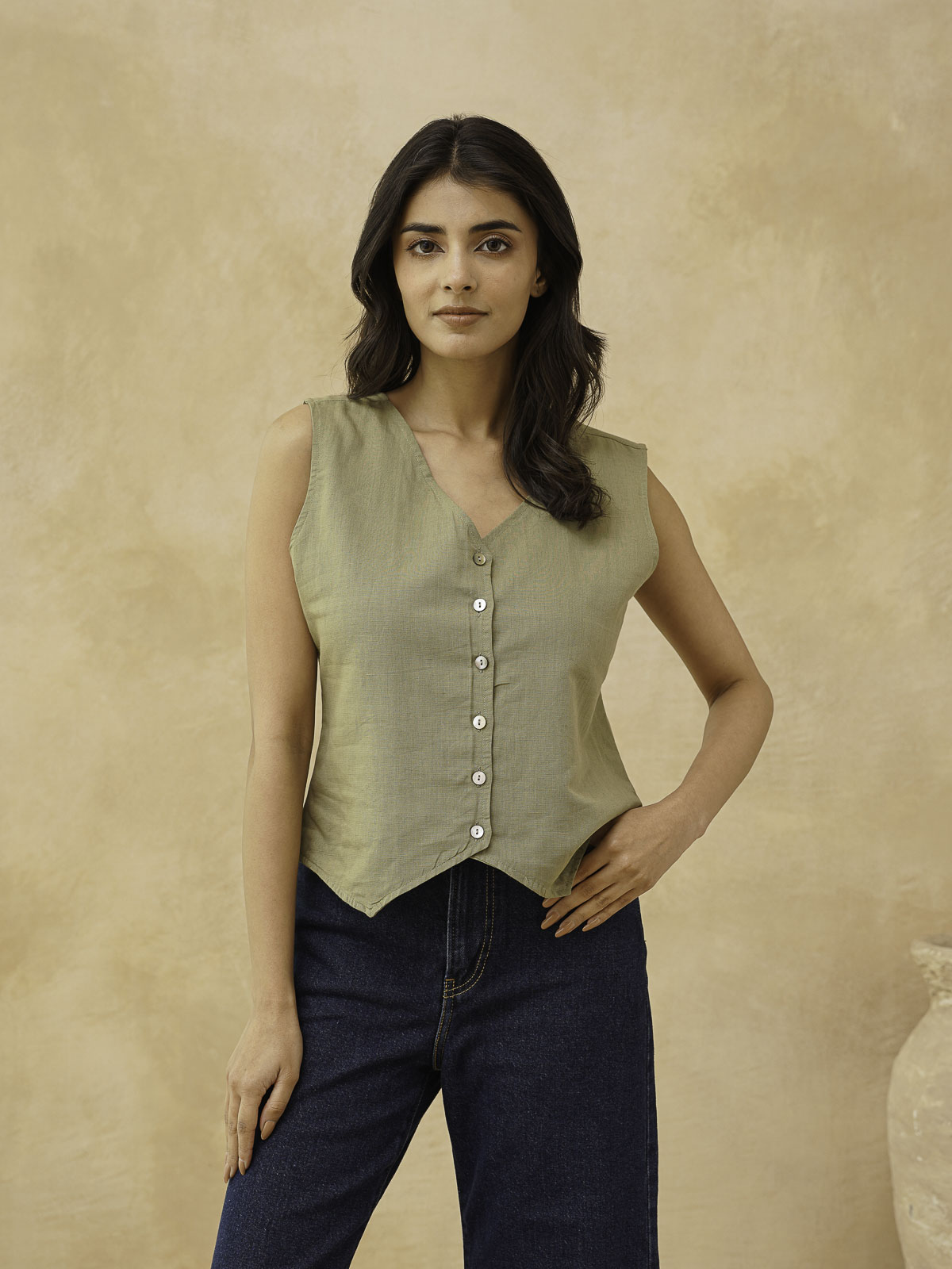 Classic Linen Vest For Women Green