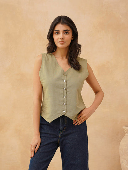 Classic Linen Vest For Women Green